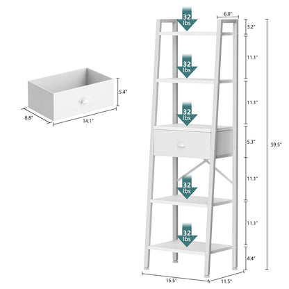 Tydimor 5-Tier 59.5" Ladder Bookshelf with Removable Drawers Narrow Bookcase for Living Room,White