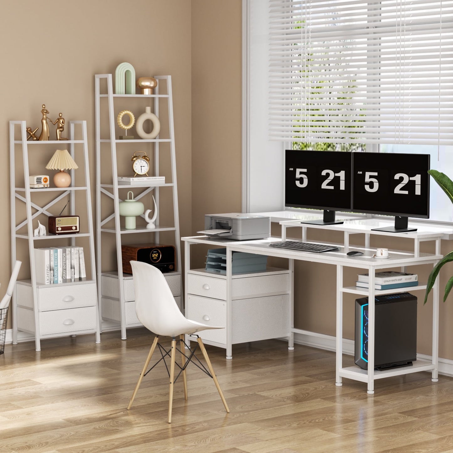 Hexmn White Multi-Functional Computer Desk with Dual Monitor Stand & Adjustable Shelves