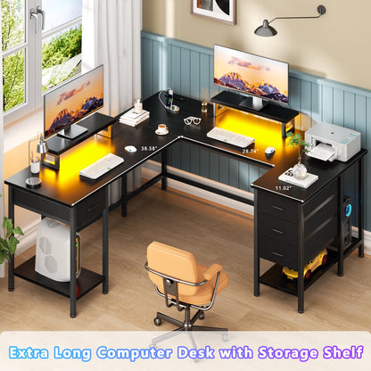 Hexmn LED Lights Computer Monitor Desks fabric drawers for 2 Monitors Dual, L Shape Smart Corner Gaming Tables with Charging Station