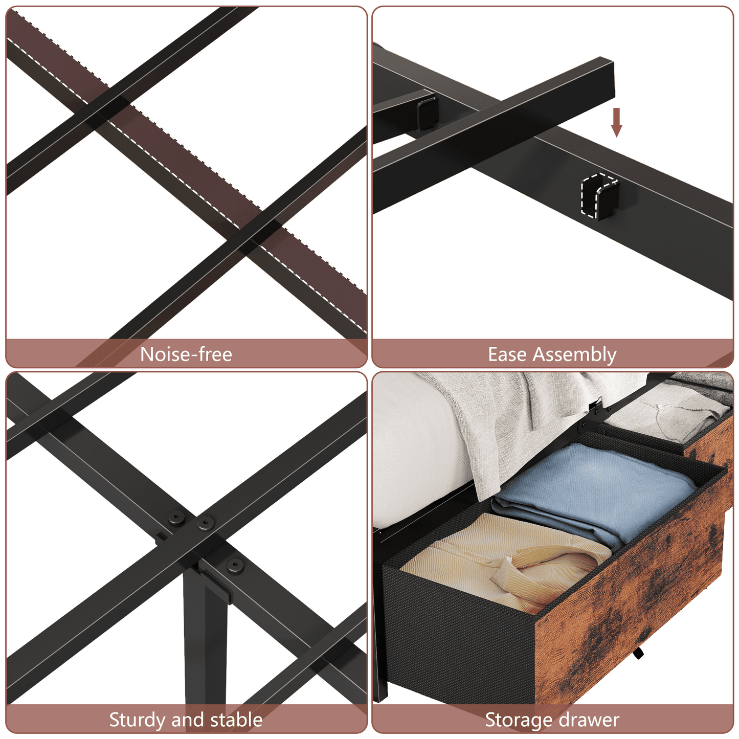 Tydimor Queen Bed Frame with 6 Storage Drawers, Metal Platform Bed Frame with 2-Tier Storage Headboard & LED, Built in Charging Station, Noise-Free, No Box Spring Needed, Rustic Brown