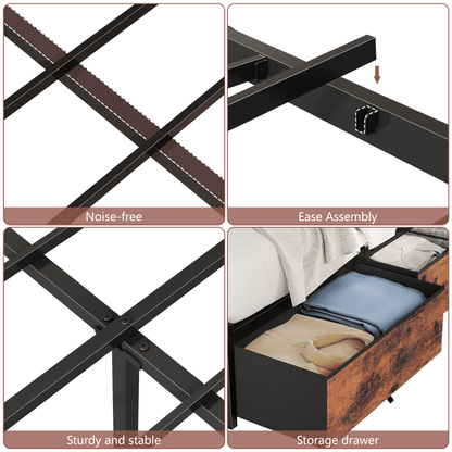 Tydimor Queen Bed Frame with 6 Storage Drawers, Metal Platform Bed Frame with 2-Tier Storage Headboard & LED, Built in Charging Station, Noise-Free, No Box Spring Needed, Rustic Brown