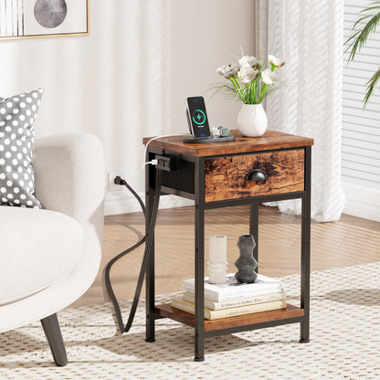 Satifur Set of 2 Nightstand with Charging Station for Bedroom,Side End Table with Outlets & USB Ports,Rustic Brown