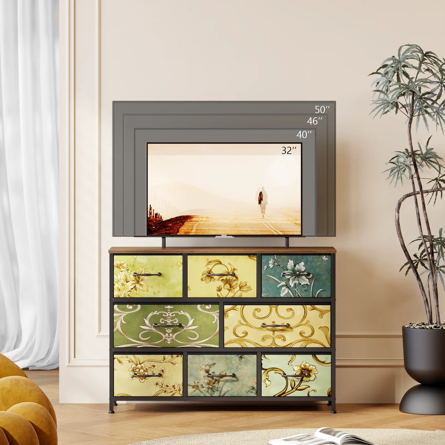 Satifur Console Table 8 Drawer Dresser with Retro Floral Pattern Drawer Dresser for Bedroom Living Room 31.5"H