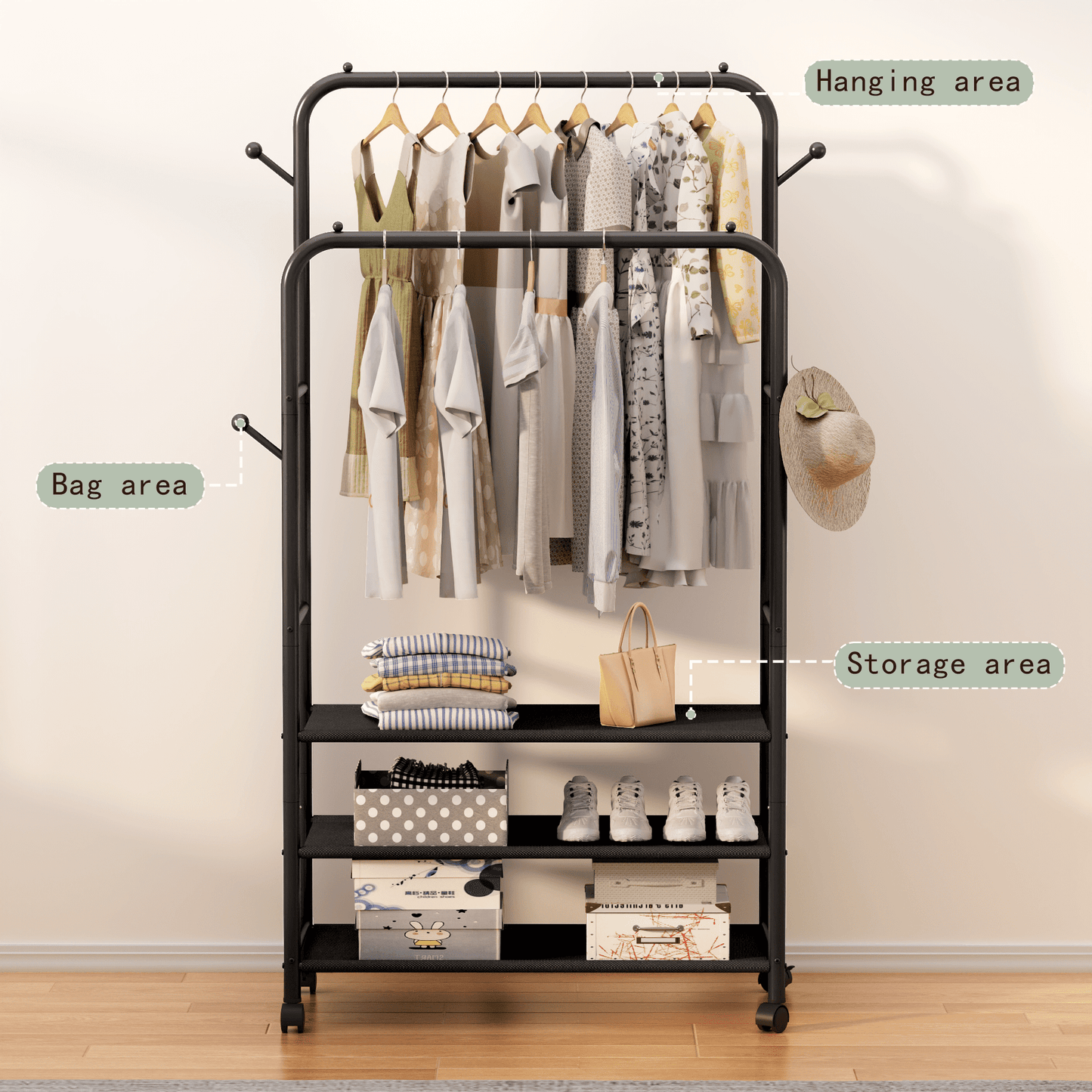 Satifur Clothes Rack with 3 Tiers Storage Shelves, Clothing and Shoes Racks, Garment Rack with Wheels, Multi-functional Double Rod Hanging Rack, Black