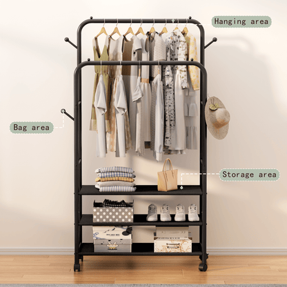 Satifur Clothes Rack with 3 Tiers Storage Shelves, Clothing and Shoes Racks, Garment Rack with Wheels, Multi-functional Double Rod Hanging Rack, Black