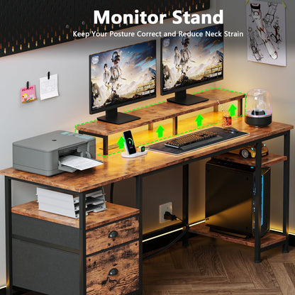 Satifur Desk with Power Outlet,Gaming Desk with LED Lights Fabric File Cabinet Gaming Desk with Outlets, Dual Monitor Stand, Adjustable Shelves, White