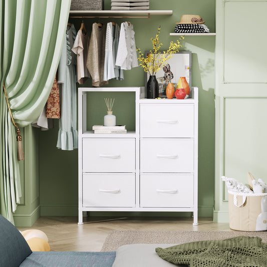 Satifur Nightstand for Bedroom, 3 Tier Wide Dresser with 5 Fabric Drawers, Wood Top and Metal Frame, White