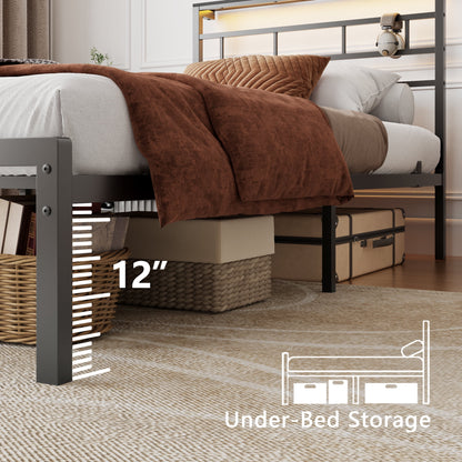 Tydimor Twin Size Bed Frame with LED Storage Headboard Shelf, 38.1" High Metal Platform Bed, Black