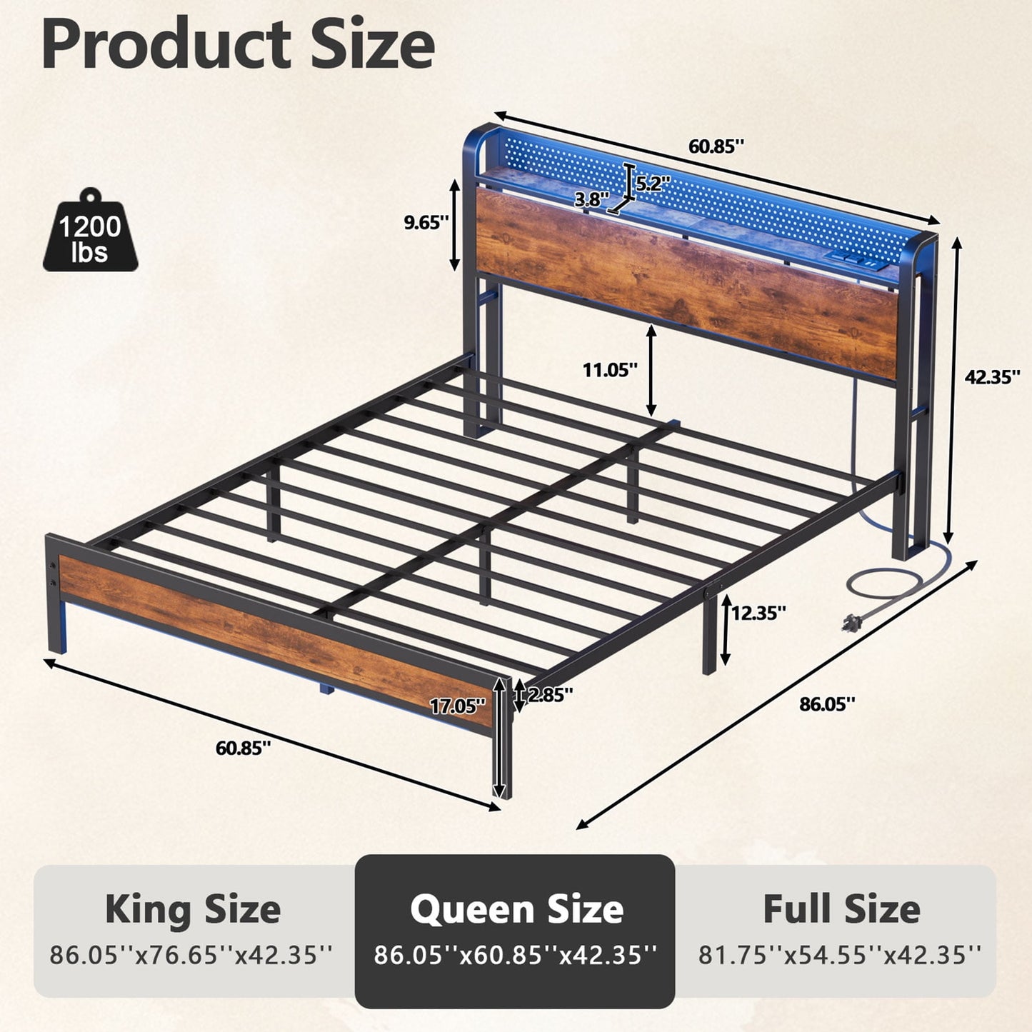 Satifur LED Bed Frame Queen Size with 2 USB Ports and Outlets, Platform Metal Bed Frame, No Box Spring Needed, Noise-Free