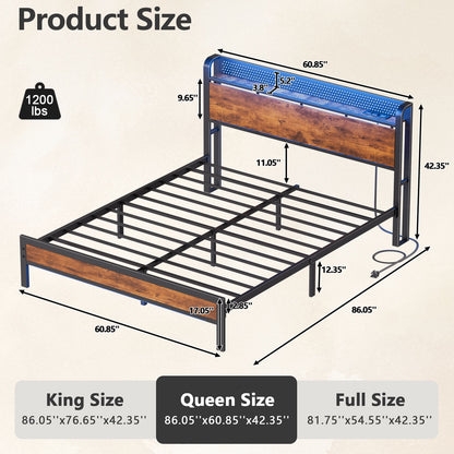 Satifur LED Bed Frame Queen Size with 2 USB Ports and Outlets, Platform Metal Bed Frame, No Box Spring Needed, Noise-Free