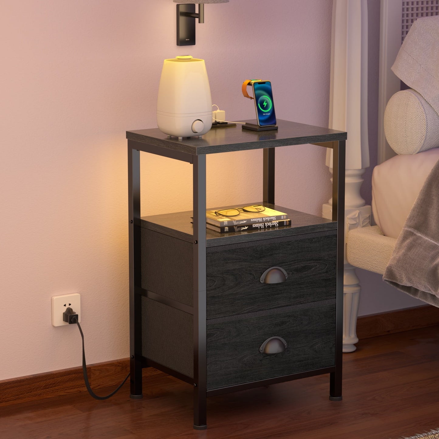 Satifur Bedside Table with Charging Station,LED Nightstand with 2 Fabric Drawers,Black Oak