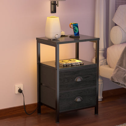Satifur Bedside Table with Charging Station,LED Nightstand with 2 Fabric Drawers,Black Oak
