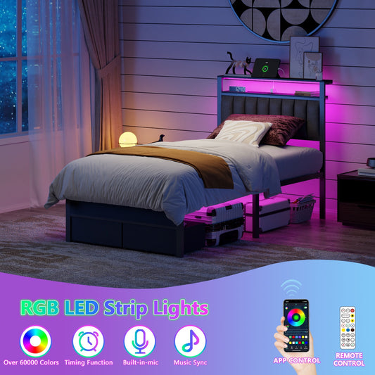 Hexmn Twin Bed Frame with Upholstered Storage Headboard & 2 Drawers, Platform Metal Bed with 2 USB Ports and Outlets, Under-bed Storage and Noise Free Design