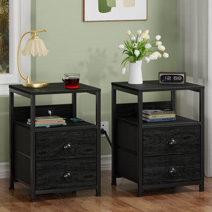 Satifur Nightstand Set of 2, Side End Table with Charging Station, Black Oak