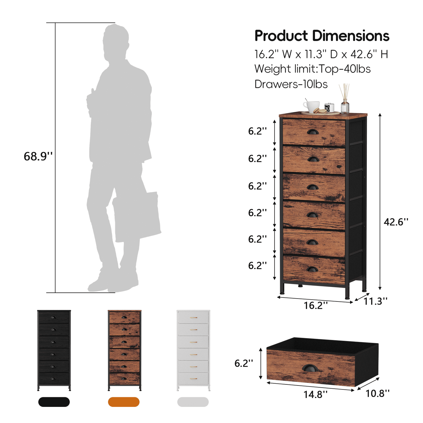 Satifur 6-Drawer Tall Dresser Bedside Fabric Nightstand with Storage,for All Age,Rustic Brown