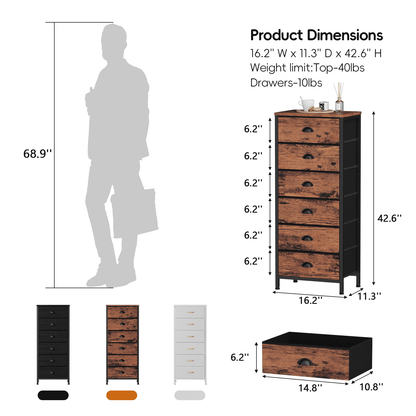 Satifur 6-Drawer Tall Dresser Bedside Fabric Nightstand with Storage,for All Age,Rustic Brown