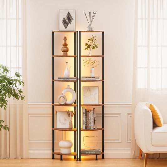 Satifur Corner Shelf Bookcase with LED Light Strip, 6-Tier Corner Bookshelf for Living Room,Bedroom,Kitchen,Rustic Brown
