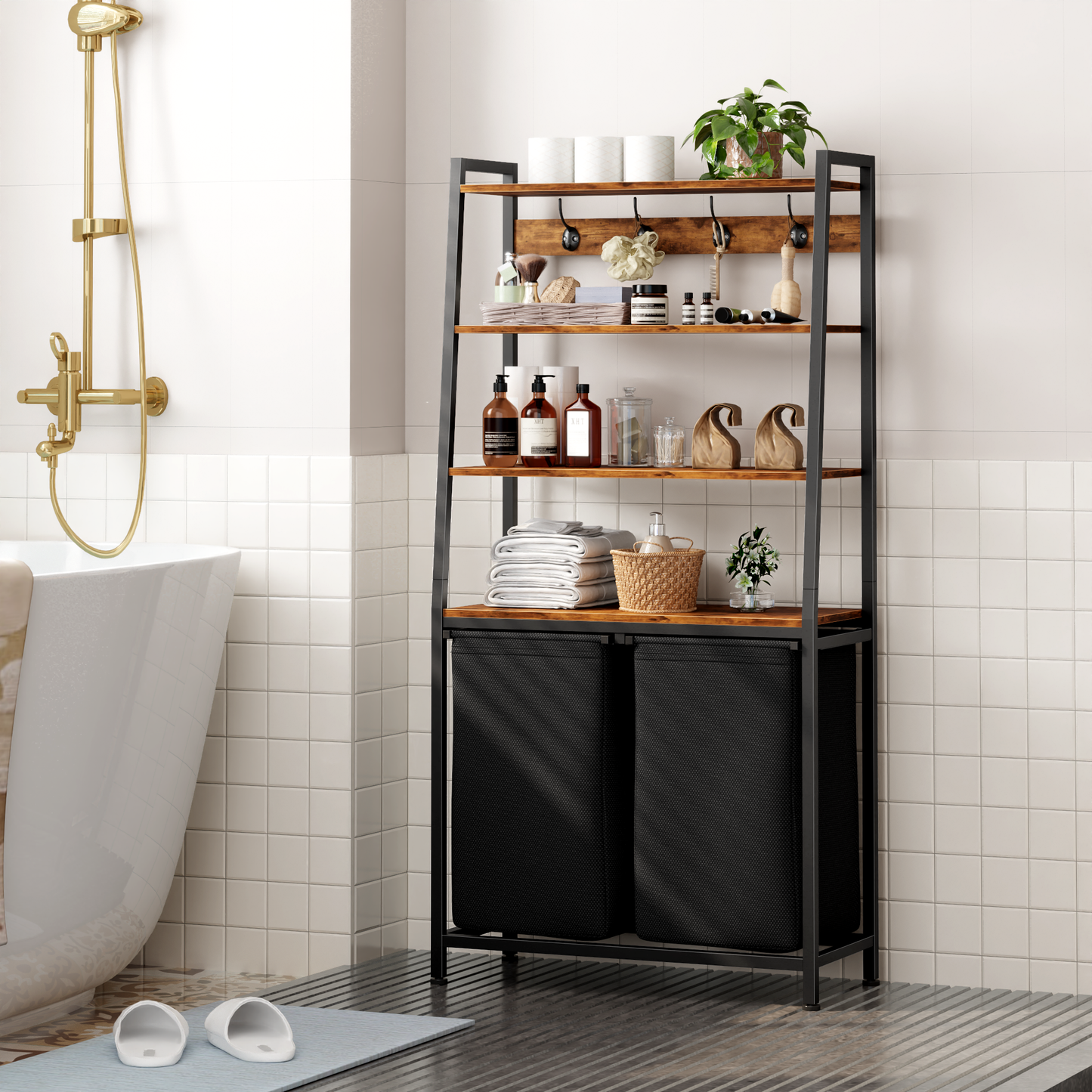 Satifur Laundry Basket Hamper Clothes Hamper with Oxford Fabric Pull-Out Bag 2-Tier Shelf