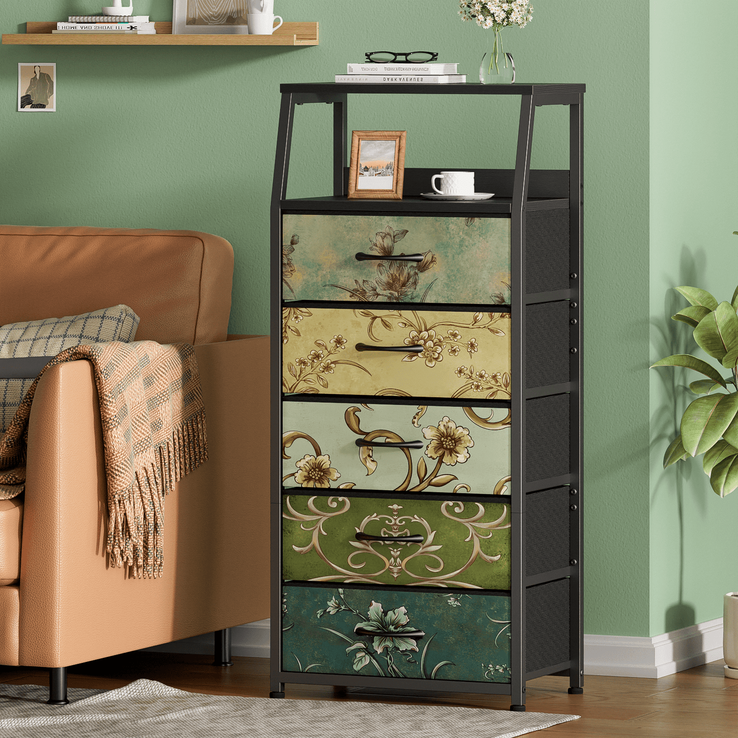 TYDIMOR Fabric Dresser for Bedroom, 5 Drawer Chest of Drawers, Retro Flower, Ideal for Adults