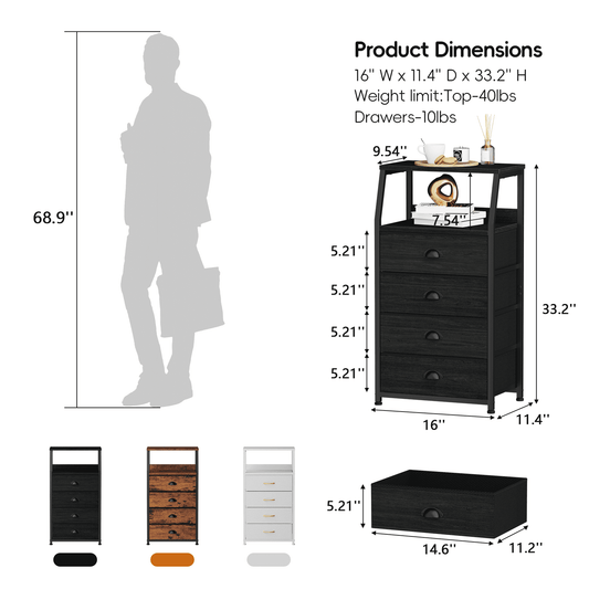 TYDIMOR Tall Nightstand,4 Drawer Black Dresser for Bedroom Storage,Side Table for All Ages