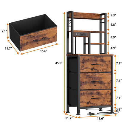 Satifur Tall Nightstand with Charging Station and LED Lights, Bedside Table with Drawers and Bookshelf, Rustic Brown