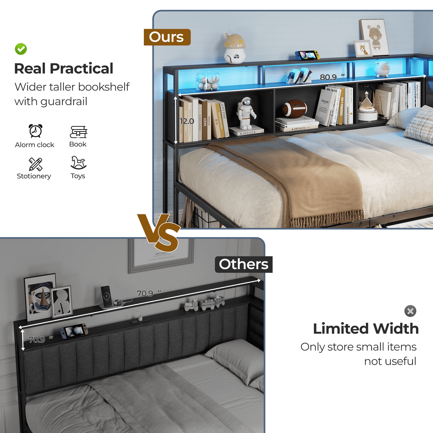 Tydimor L-Shaped Corner Bed Frame with 3 Storage Drawers, 3 Cubbies & Double-Layer Shelf, LED Lights & Power Outlet, Corner Twin Beds for Living Room, Bedroom and Guest, Black