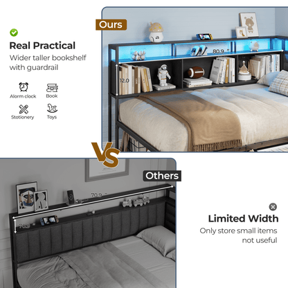 Tydimor L-Shaped Corner Bed Frame with 3 Storage Drawers, 3 Cubbies & Double-Layer Shelf, LED Lights & Power Outlet, Corner Twin Beds for Living Room, Bedroom and Guest, Black