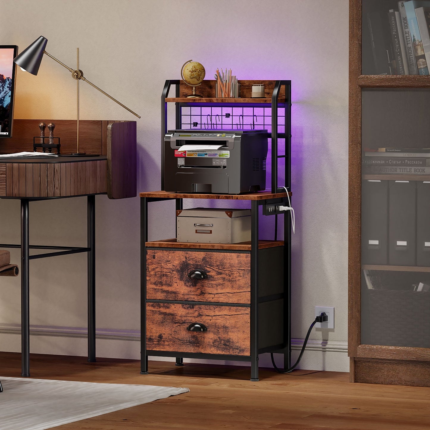 Satifur Tall Nightstand with Hutch, Charging Station, Pegboard & Drawers,Multifunctional Bedside Table with USB Ports, Rustic Brown