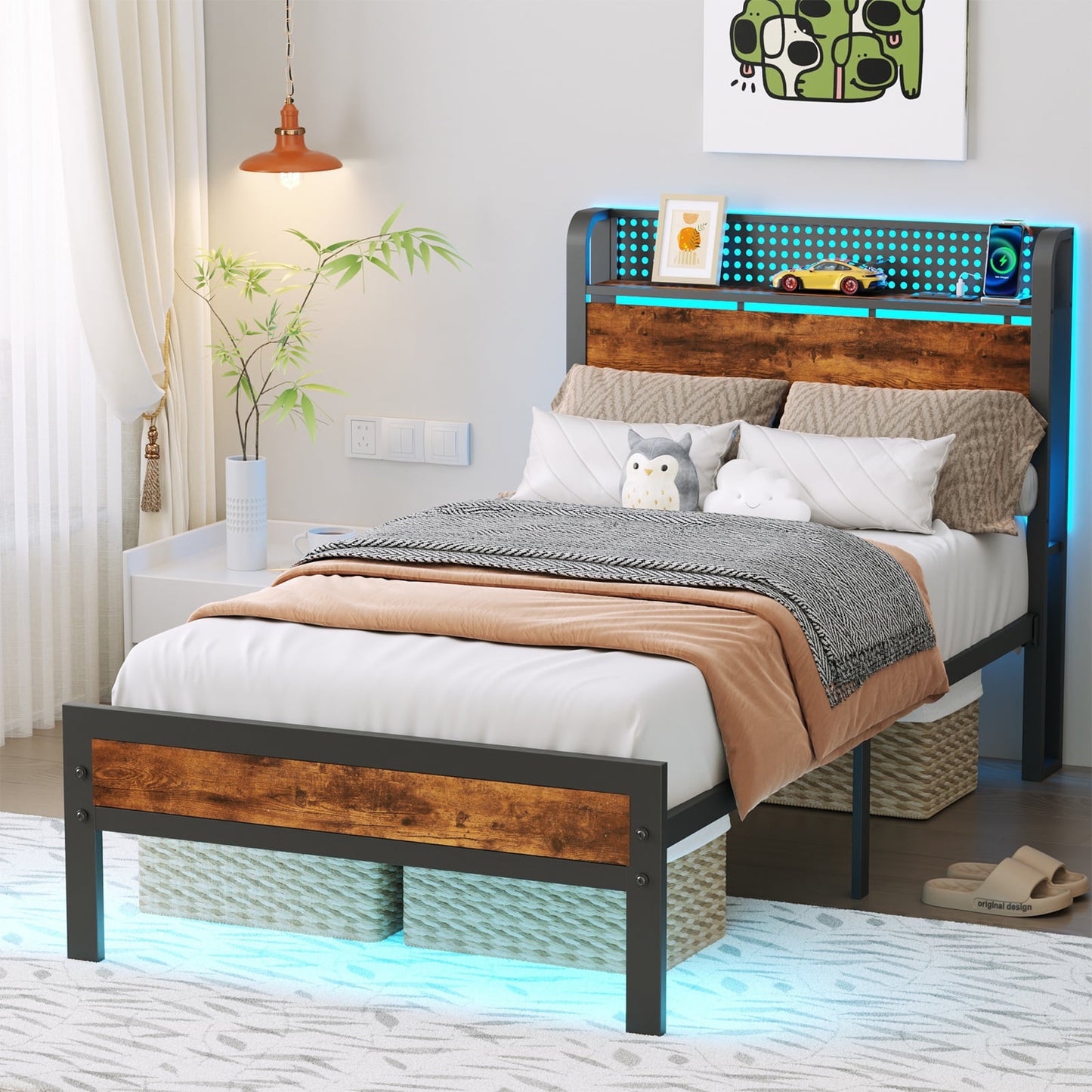 Hexmn Twin RGB LED Strip Platforrm Bed Frames with Headboard Metal, Storage Shelves & Underbed, Niose Free, No Box Spring Needed