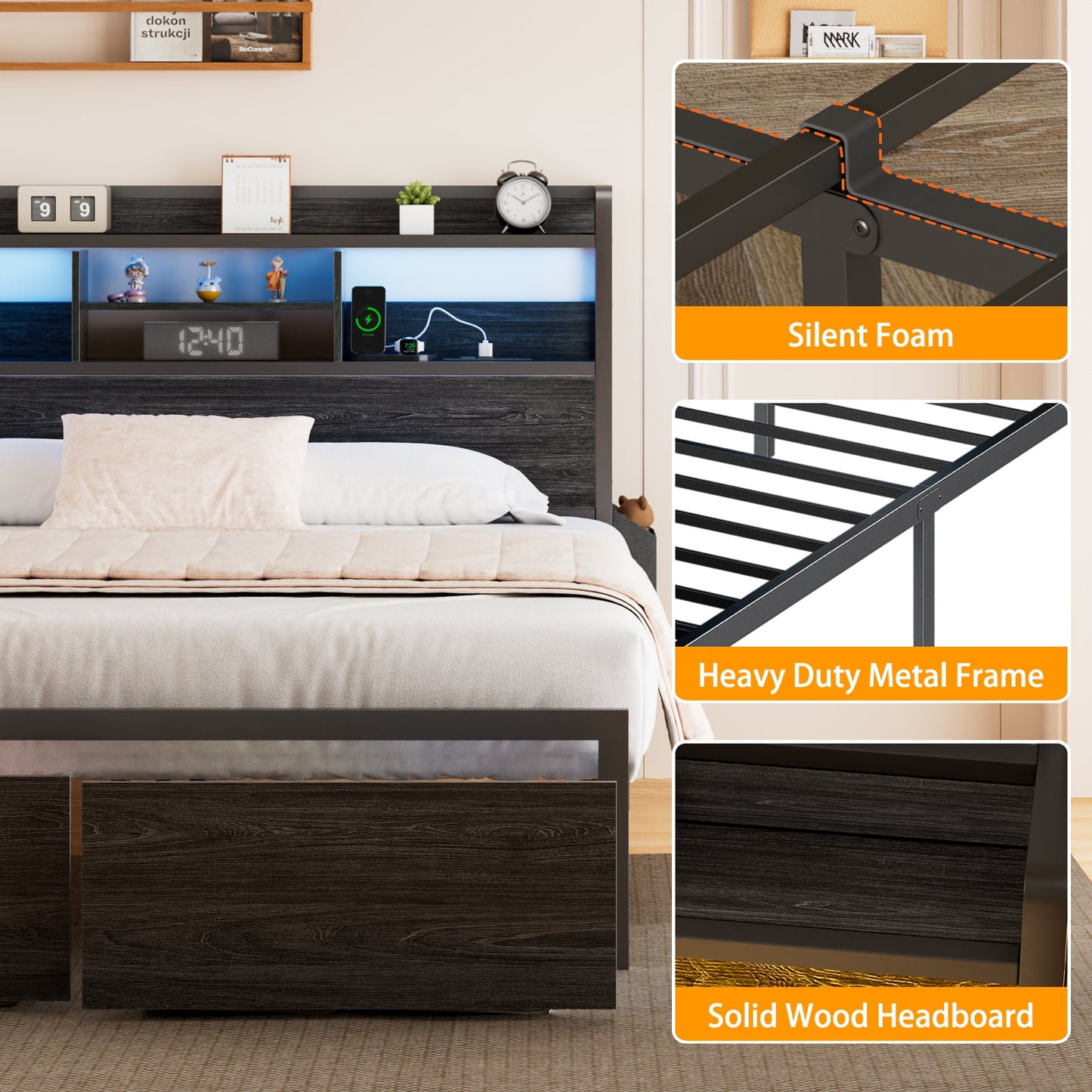 Hexmn Queen Size LED Metal Bed Frame Built-In Charging, Platforrm Storage Bed Frames Under-bed Storage and Noise Free Design