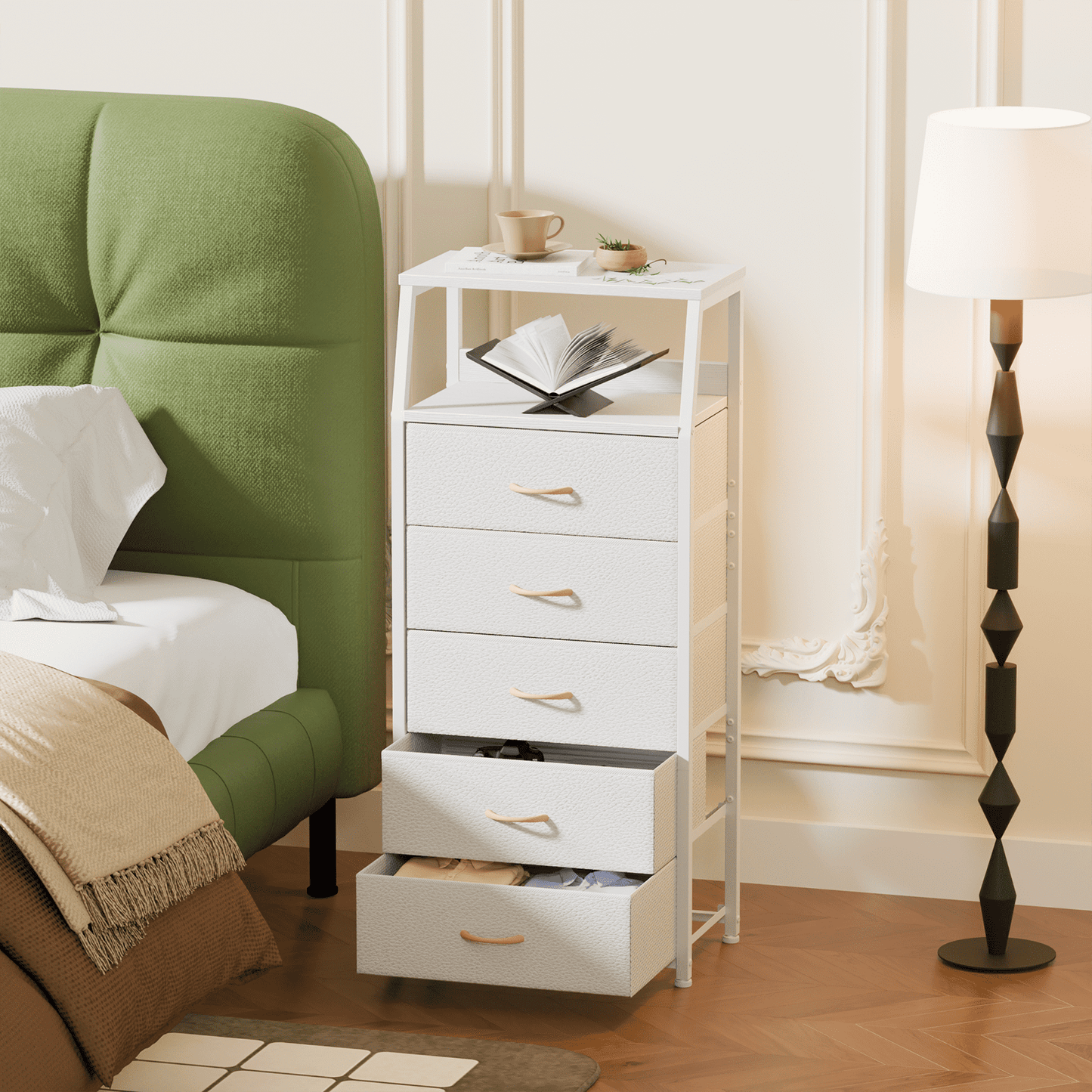 Satifur 5-Drawer Nightstand,Tall Fabric Dresser Storage End Table,for All Age,Metal Frame,White