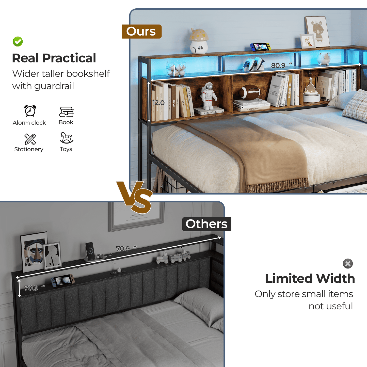 Tydimor L-Shaped Corner Bed Frame with 3 Storage Drawers, 3 Cubbies & Double-Layer Shelf, LED Lights & Power Outlet, Corner Twin Beds for Living Room, Bedroom and Guest, Rustic Brown