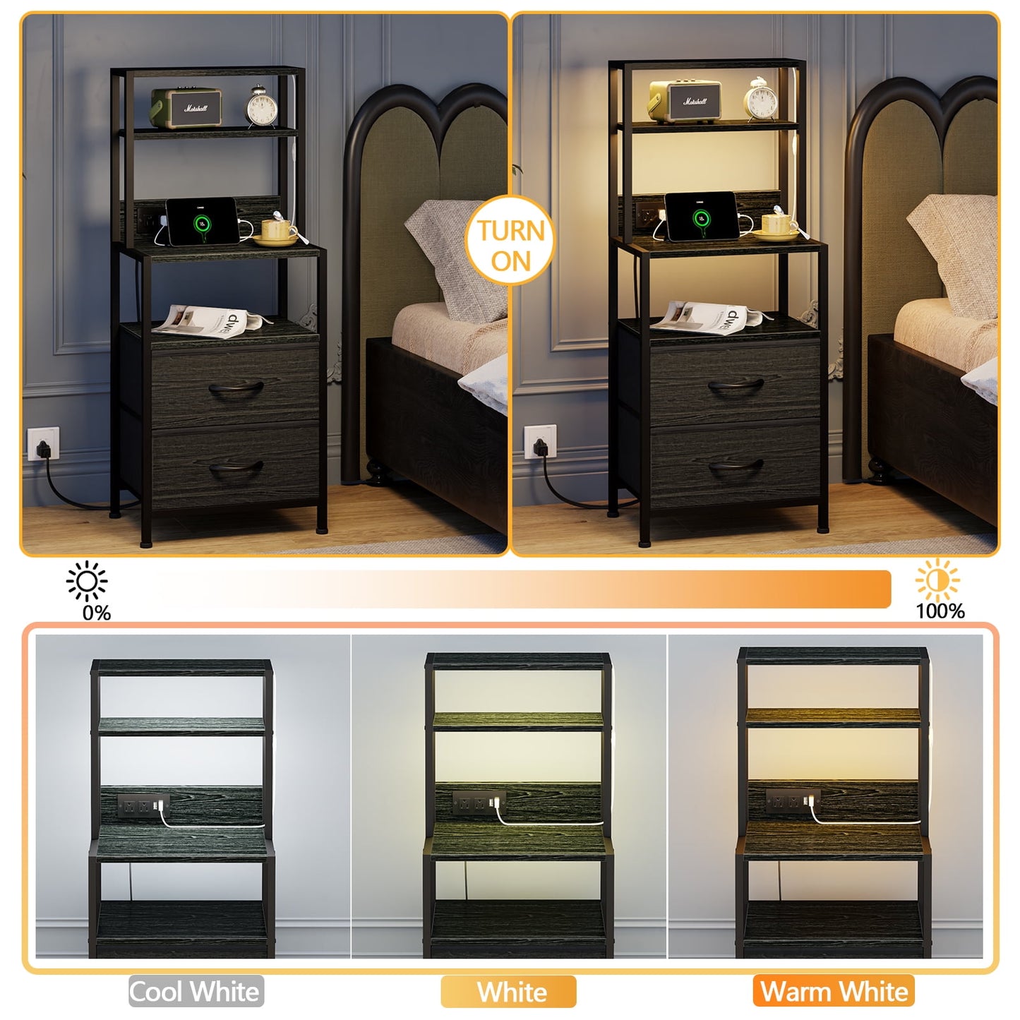 Satifur Tall LED Nightstand,Bedside Table with Charging Station,2 Fabric Drawers & Shelfs for Bedroom Living Room,Black Oak