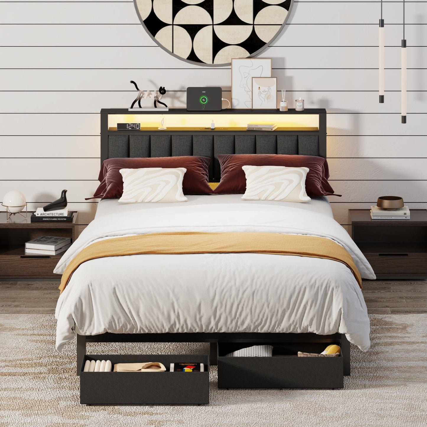 Hexmn Queen Bed Frame with Upholstered Storage Headboard & 2 Drawers, Platform Metal Bed with 2 USB Ports and Outlets, Under-bed Storage and Noise Free Design
