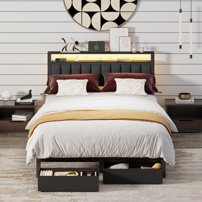 Hexmn Queen Bed Frame with Upholstered Storage Headboard & 2 Drawers, Platform Metal Bed with 2 USB Ports and Outlets, Under-bed Storage and Noise Free Design