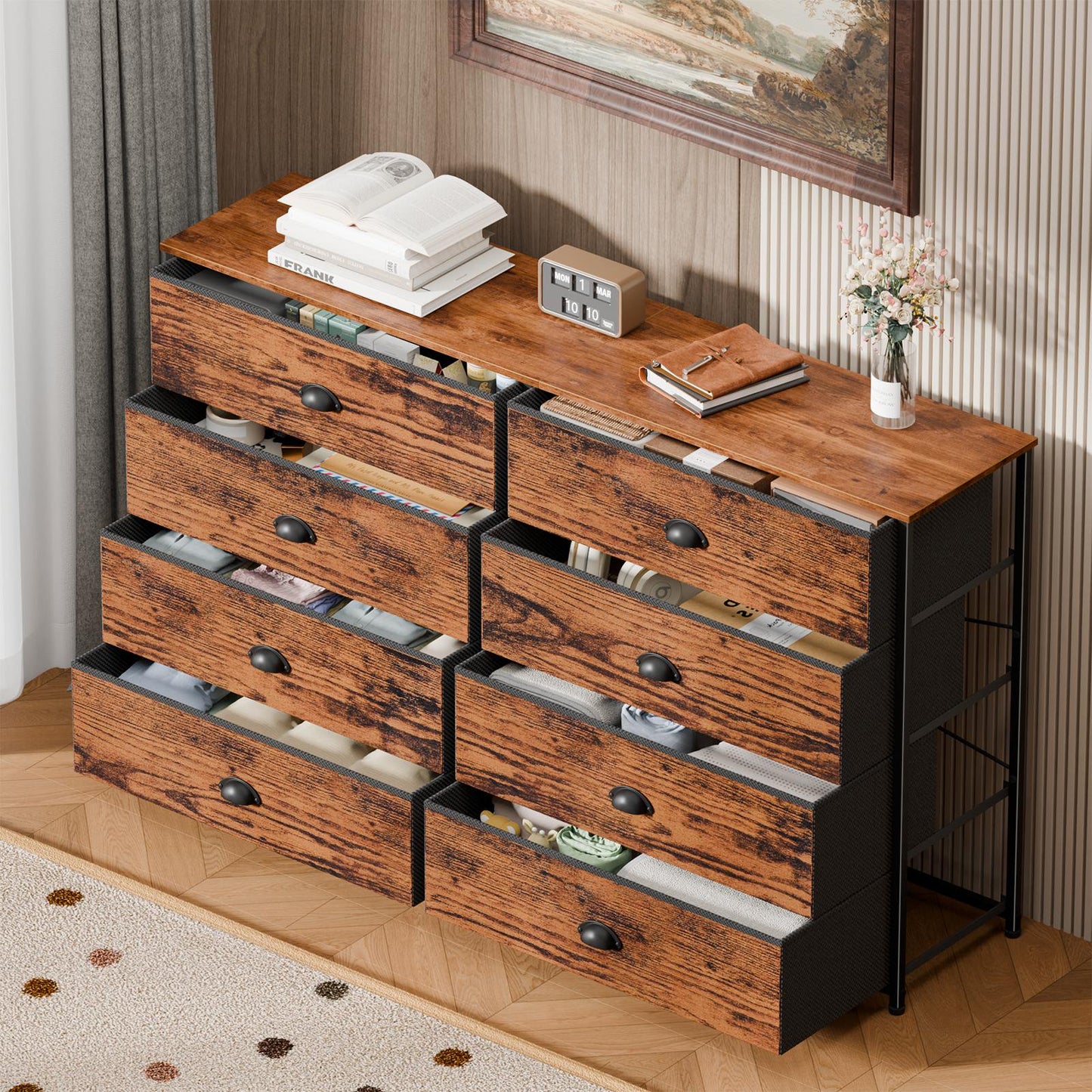 Tydimor TV Stand for TVs up to 55", Console Table with 8 Drawers, Entertainment Center for Living Room, Rustic Brown