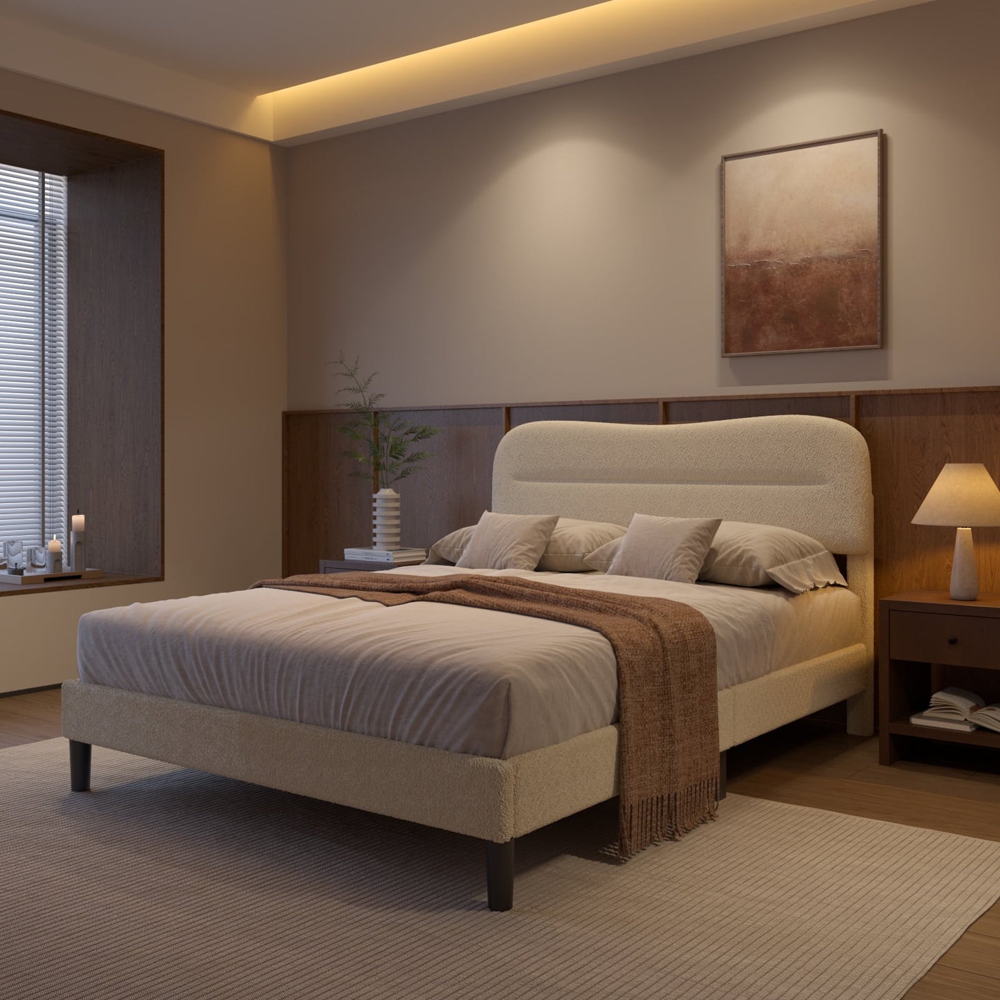 Tydimor Queen Bed Frame with Teddy Velvet Soft Curved Headboard, Platform Bed with Wooden Slats Support, Easy Assembly, Noise-Free, Beige