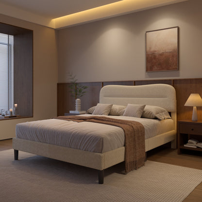 Tydimor Queen Bed Frame with Teddy Velvet Soft Curved Headboard, Platform Bed with Wooden Slats Support, Easy Assembly, Noise-Free, Beige