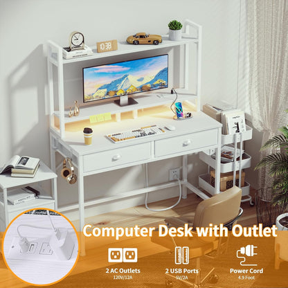 Furologee Small White Computer Desk with Power Outlet and 2 Fabric Drawers, Makeup Vanity Desk with LED Light, Home Office Desk with Monitor Stand, Gaming Desk with Hutch for Small Space