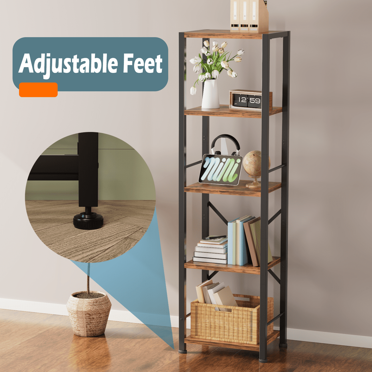 Satifur Bookshelf Bookcase Organizer with 5 Shelves for Living Room Bedroom Kitchen Garage,Rustic Brown