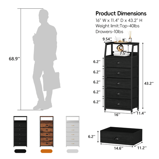 Satifur 5-Drawer Nightstand,Tall Fabric Dresser Storage End Table,Metal Frame,for All Age,Black Oak