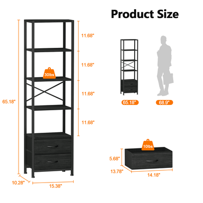 Satifur 5-Tier Bookshelf and Bookcase with 2 Removable Drawers, Narrow Display Shelf for Living Room, Black Oak