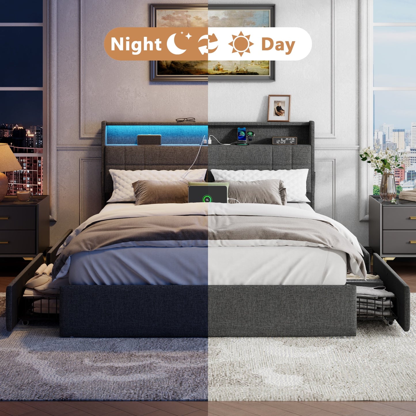 Tydimor Queen Bed Frame with Charging Station, Queen Upholstered Rivet Storage Headboard Platform Beds, Noise-Free, Easy Assembly, Dark Grey