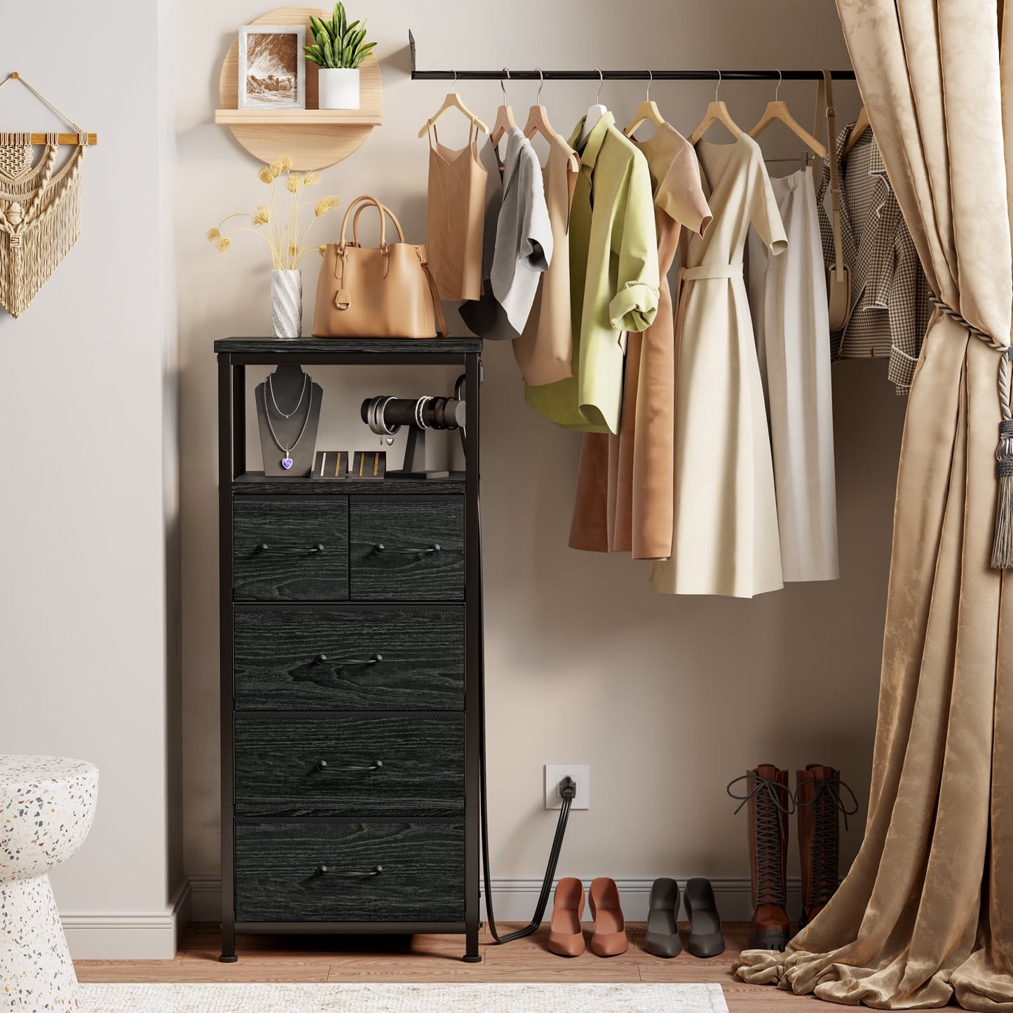 TYDIMOR Small Dresser for Bedroom, 5 Drawer with Charging Station, Black, Ideal for Adults