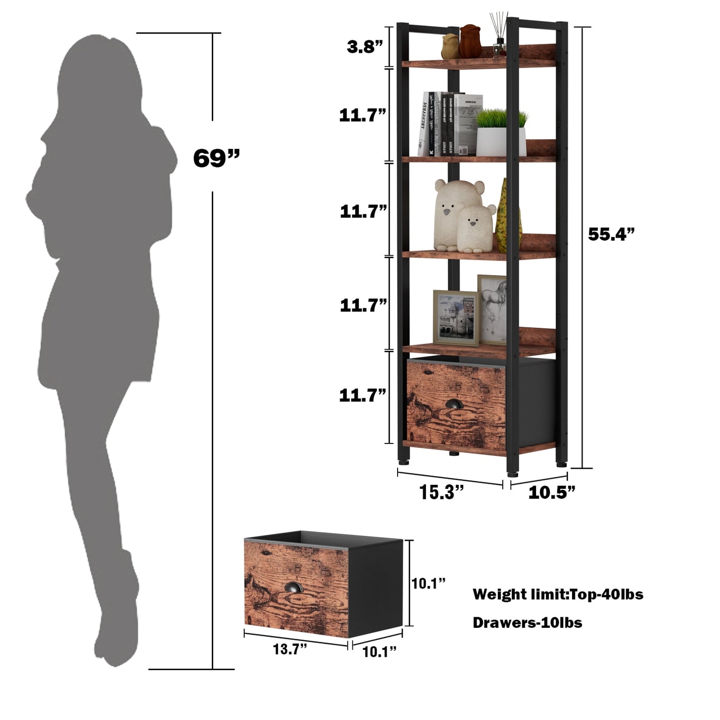 Satifur 5 Tier Ladder Bookcase with Removable Drawer Tall Standing Bookshelf,Rustic Brown