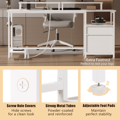 Satifur Office Desk with Drawers and Charging Station, Gaming Desk with Movable Monitor Stands, Corner Desk with Storage Shelves and File Cabinet, White