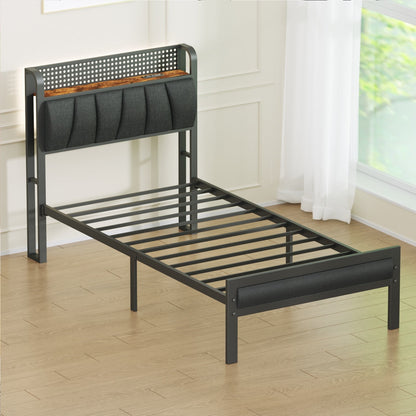 Hexmn Twin Size Metal Smart Bed Frame with Upholstered Headboard, LED Lights, USB Ports and Outlets, Storage Shelves & Underbed