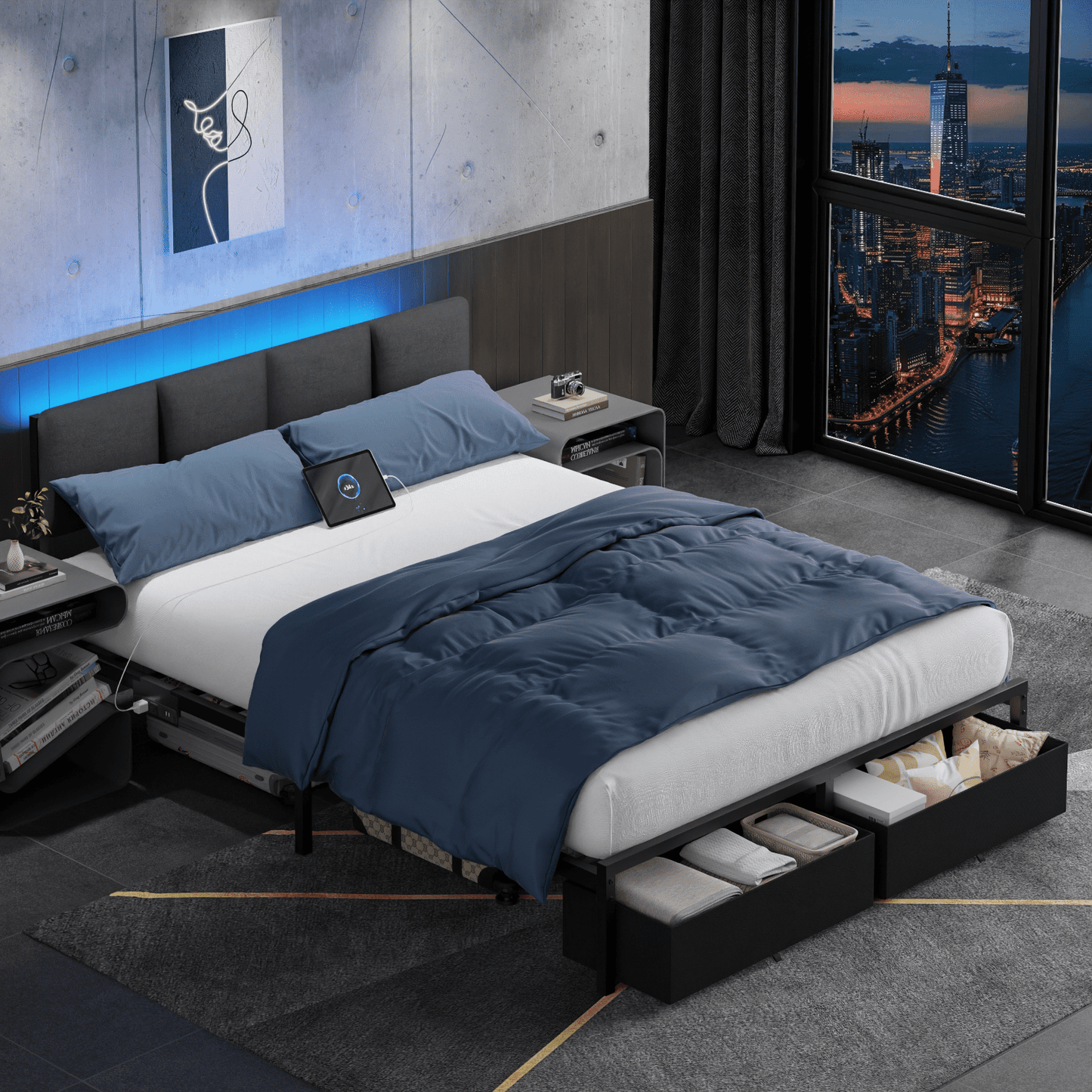 Tydimor Queen Bed Frame with 2 Drawers & 2 USB Ports and Outlets, No Box Spring Needed