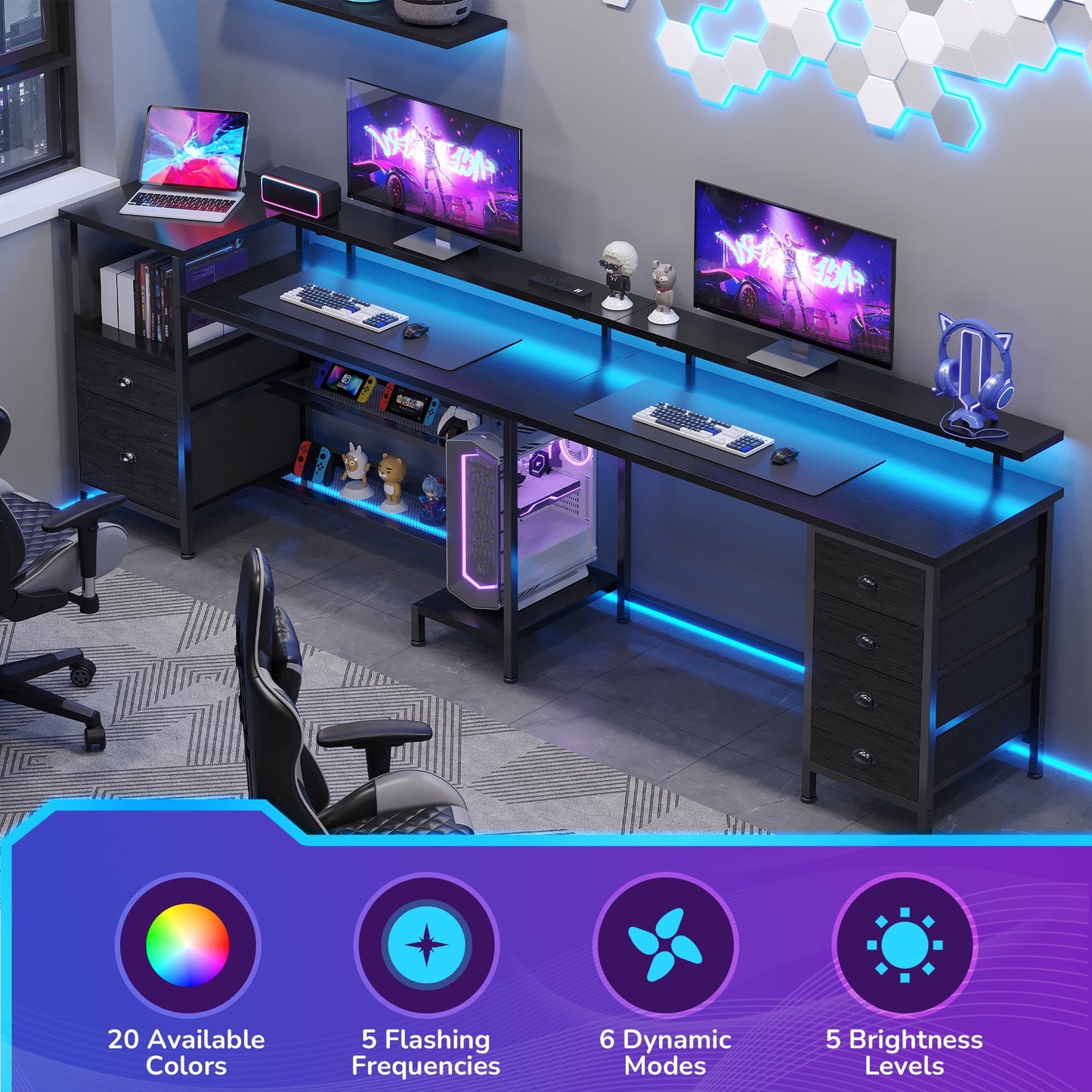 Hexmn Black L Shaped Office Desk with Drawers Storage, Dual Monitor Computer Desk, Workstation Set for Office Living Room