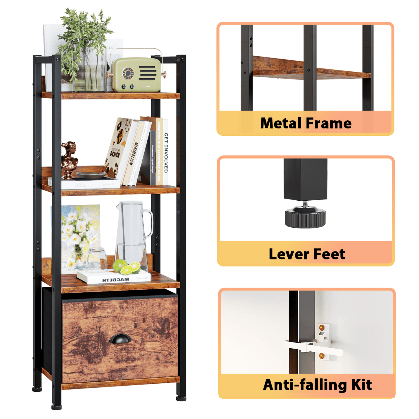 Satifur 4 Tier Ladder Bookcase with Removable Drawer Tall Standing Bookshelf,Rustic Brown